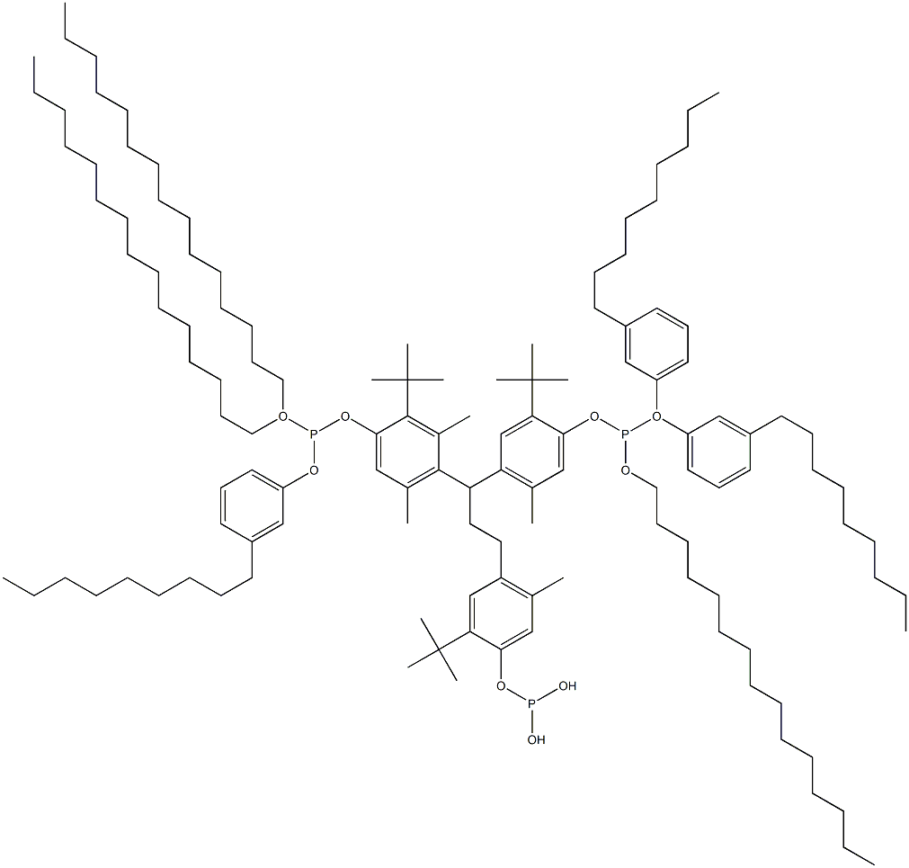 [3-Methyl-1,1,3-propanetriyltris(2-tert-butyl-5-methyl-4,1-phenyleneoxy)]tris(phosphonous acid)O,O',O'-tripentadecyl O,O'',O''-tris(3-nonylphenyl) ester Struktur