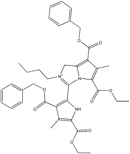 7-(Benzyloxycarbonyl)-2-butyl-5-ethoxycarbonyl-6-methyl-3-[3-(benzyloxycarbonyl)-5-ethoxycarbonyl-4-methyl-1H-pyrrol-2-yl]-1H-pyrrolo[1,2-c]imidazol-2-ium Struktur