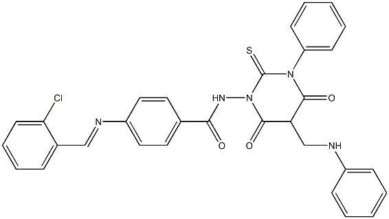 4-(2-Chlorobenzylideneamino)-N-[[hexahydro-4,6-dioxo-2-thioxo-3-(phenyl)-5-(phenylaminomethyl)pyrimidin]-1-yl]benzamide Struktur