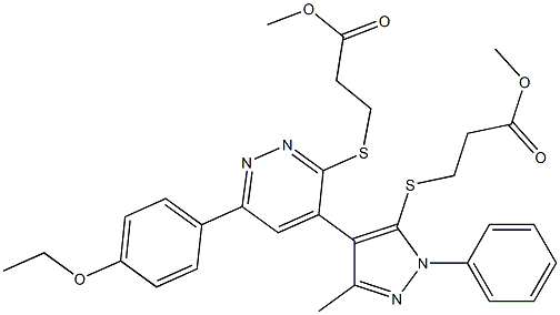 6-(4-Ethoxyphenyl)-4-[1-phenyl-3-methyl-5-[[2-(methoxycarbonyl)ethyl]thio]-1H-pyrazol-4-yl]-3-[[2-(methoxycarbonyl)ethyl]thio]pyridazine Struktur