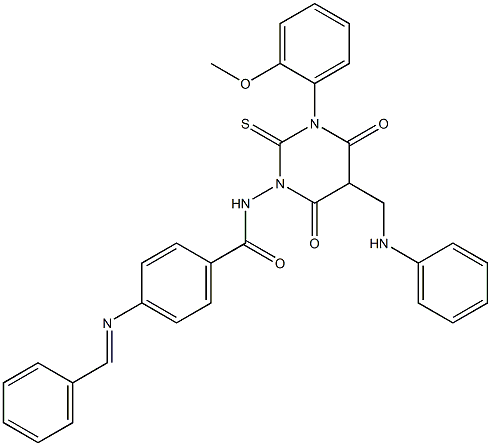 4-(Benzylideneamino)-N-[[hexahydro-4,6-dioxo-2-thioxo-3-(2-methoxyphenyl)-5-(phenylaminomethyl)pyrimidin]-1-yl]benzamide Struktur