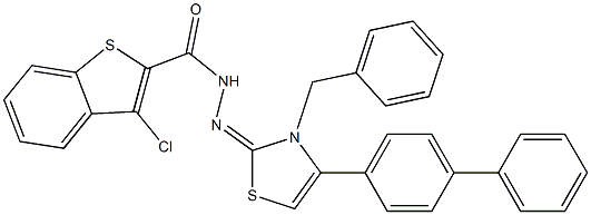 3-Chloro-N'-[(3-benzyl-4-(1,1'-biphenyl-4-yl)-2,3-dihydrothiazol)-2-ylidene]benzo[b]thiophene-2-carbohydrazide Struktur