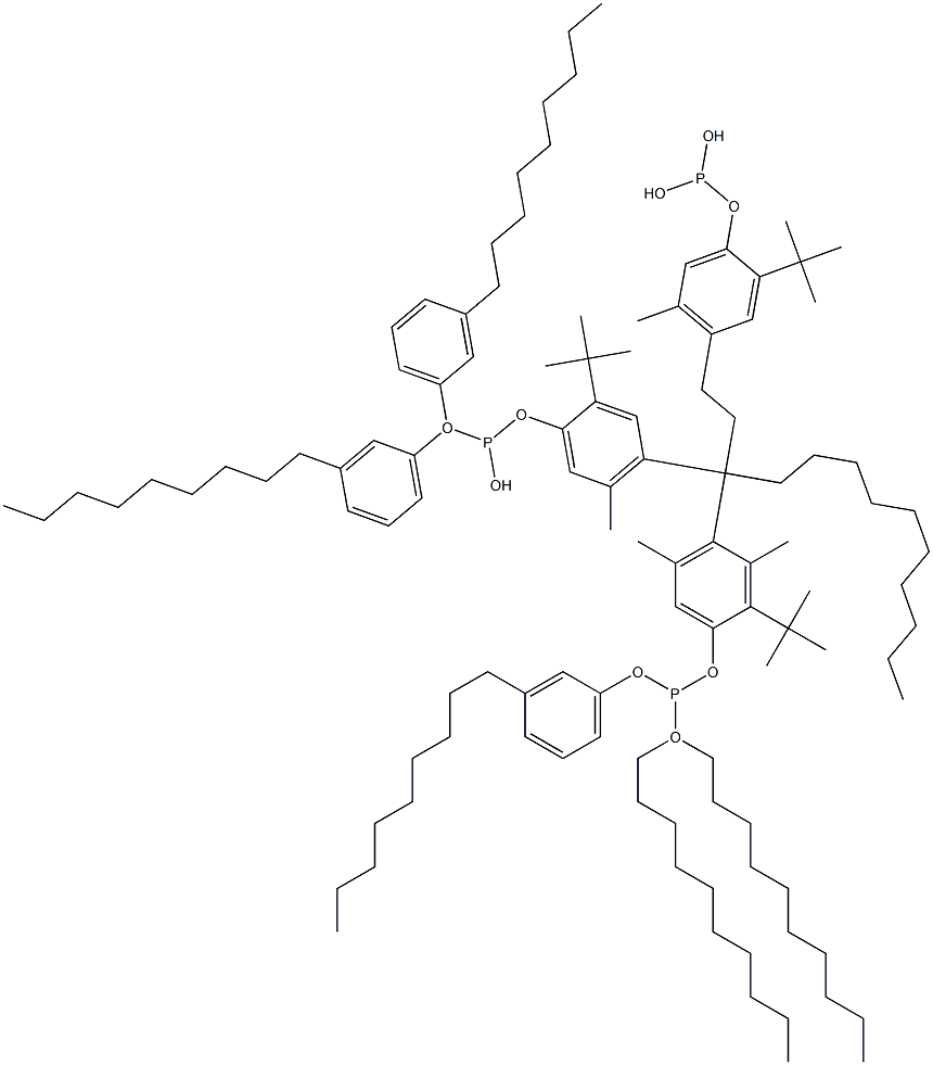 [3-Methyl-1,1,3-propanetriyltris(2-tert-butyl-5-methyl-4,1-phenyleneoxy)]tris(phosphonous acid)O,O',O'-tri(decyl)O,O'',O''-tris(3-nonylphenyl) ester Struktur