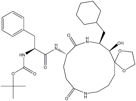 (5S,8S,9R)-5-[(S)-2-(tert-Butyloxycarbonylamino)-3-phenylpropanoylamino]-8-cyclohexylmethyl-9-hydroxyspiro[1,7-diazacyclotridecane-10,2'-[1,3]dioxolane]-2,6-dione Struktur