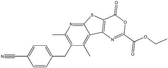 7,9-Dimethyl-8-(4-cyanobenzyl)-4-oxo-4H-pyrido[3',2':4,5]thieno[3,2-d][1,3]oxazine-2-carboxylic acid ethyl ester Struktur