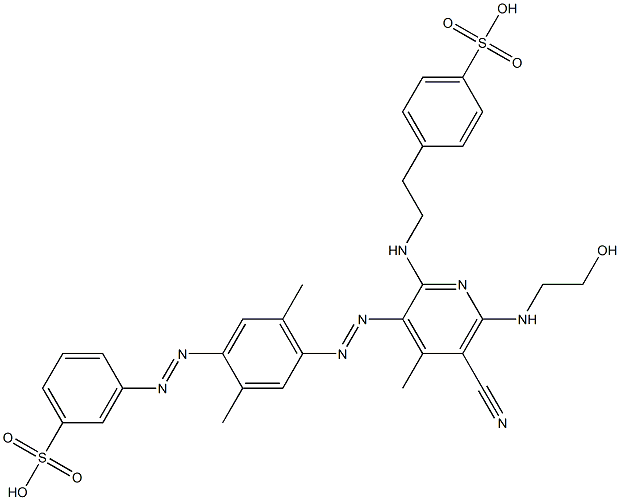 3-[[4-[[5-Cyano-6-[(2-hydroxyethyl)amino]-4-methyl-2-[[2-(4-sulfophenyl)ethyl]amino]-3-pyridinyl]azo]-2,5-dimethylphenyl]azo]benzenesulfonic acid Struktur