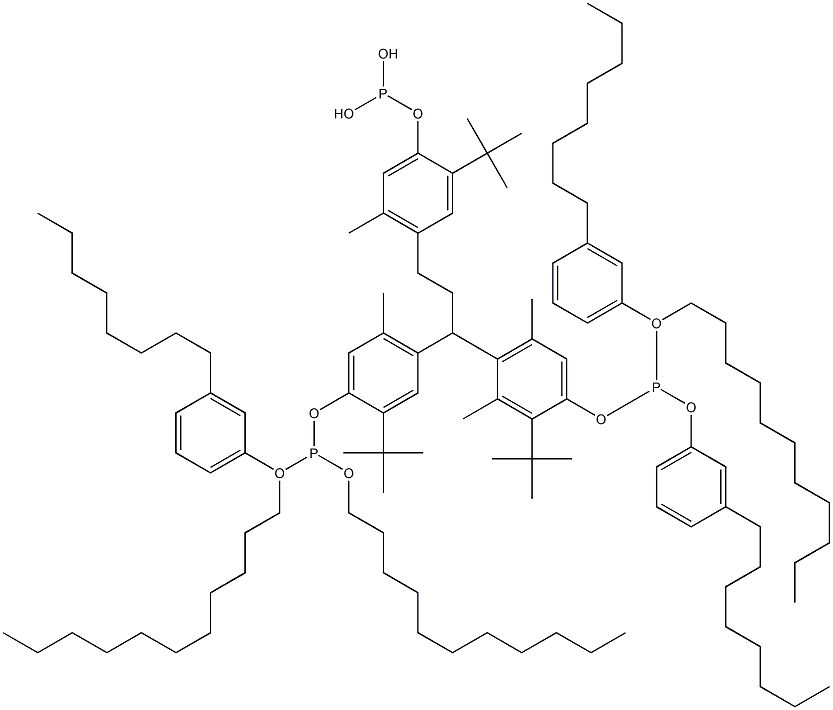 [3-Methyl-1,1,3-propanetriyltris(2-tert-butyl-5-methyl-4,1-phenyleneoxy)]tris(phosphonous acid)O,O',O''-triundecyl O,O',O''-tris(3-octylphenyl) ester Struktur