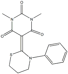 1,3-Dimethyl-5-[(tetrahydro-3-phenyl-2H-1,3-thiazin)-2-ylidene]pyrimidine-2,4,6(1H,3H,5H)-trione Struktur