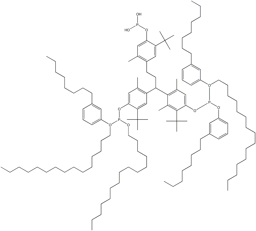 [3-Methyl-1,1,3-propanetriyltris(2-tert-butyl-5-methyl-4,1-phenyleneoxy)]tris(phosphonous acid)O,O',O''-tripentadecyl O,O',O''-tris(3-octylphenyl) ester Struktur