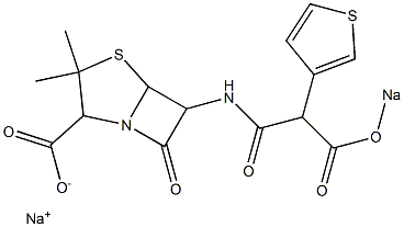 3,3-Dimethyl-6-[[2-(sodiooxycarbonyl)-1-oxo-2-(3-thienyl)ethyl]amino]-7-oxo-4-thia-1-azabicyclo[3.2.0]heptane-2-carboxylic acid sodium salt Struktur