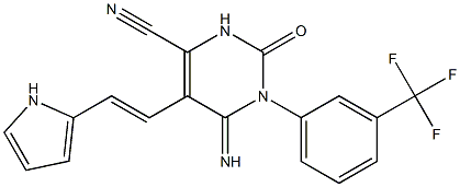 5-(1-Aza-2-(2-thienyl)vinyl)-4-imino-2-oxo-3-(3-(trifluoromethyl)phenyl)-1H-1,3-diazine-6-carbonitrile Struktur