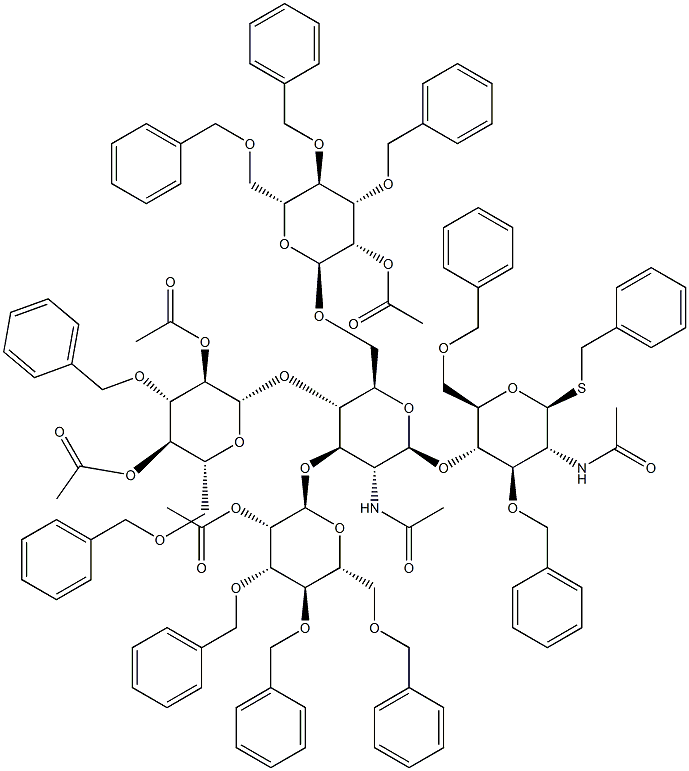 Benzyl 2-acetamido-4-O-[2-acetamido-4-O-(2,4-di-O-acetyl-3,6-di-O-benzyl-b-D-glucopyranosyl)-3,6-di-O-(2-O-acetyl-3,4,6-tri-O-benzyl-a-D-mannopyranosyl)-2-deoxy-b-D-glucopyranosyl]-3,6-di-O-benzyl-2-deoxy-b-D-thioglucopyranoside Struktur