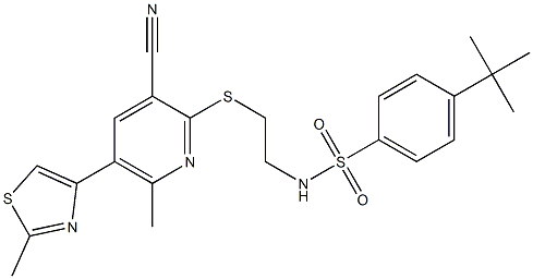 N1-(2-{[3-cyano-6-methyl-5-(2-methyl-1,3-thiazol-4-yl)-2-pyridyl]thio}ethyl)-4-(tert-butyl)benzene-1-sulfonamide Struktur