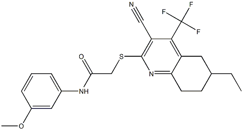 2-{[3-cyano-6-ethyl-4-(trifluoromethyl)-5,6,7,8-tetrahydro-2-quinolinyl]sulfanyl}-N-(3-methoxyphenyl)acetamide Struktur