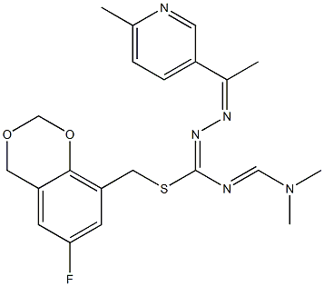 (6-fluoro-4H-1,3-benzodioxin-8-yl)methyl N-[1-(6-methyl-3-pyridyl)ethylidene]-{[(dimethylamino)methylidene]amino}methanehydrazonothioate Struktur