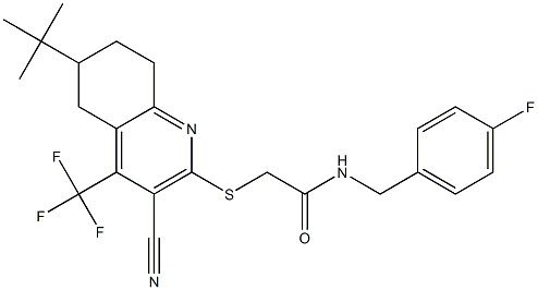 2-{[6-(tert-butyl)-3-cyano-4-(trifluoromethyl)-5,6,7,8-tetrahydro-2-quinolinyl]sulfanyl}-N-(4-fluorobenzyl)acetamide Struktur