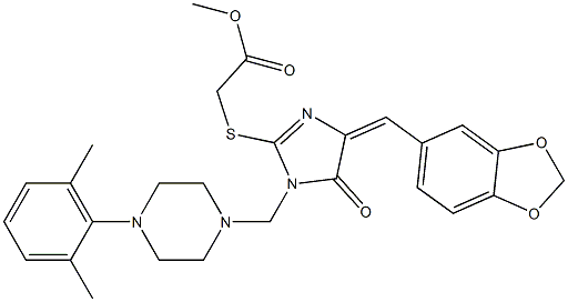 methyl 2-[(4-(1,3-benzodioxol-5-ylmethylene)-1-{[4-(2,6-dimethylphenyl)piperazino]methyl}-5-oxo-4,5-dihydro-1H-imidazol-2-yl)sulfanyl]acetate Struktur