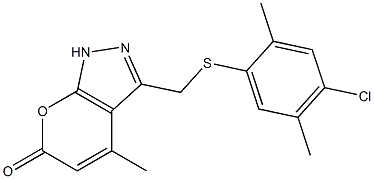 3-{[(4-chloro-2,5-dimethylphenyl)thio]methyl}-4-methyl-1,6-dihydropyrano[2,3-c]pyrazol-6-one Struktur