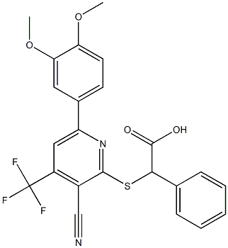 2-{[3-cyano-6-(3,4-dimethoxyphenyl)-4-(trifluoromethyl)-2-pyridinyl]sulfanyl}-2-phenylacetic acid Struktur