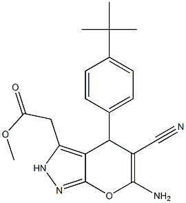 methyl [6-amino-4-(4-tert-butylphenyl)-5-cyano-2,4-dihydropyrano[2,3-c]pyrazol-3-yl]acetate Struktur