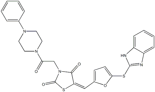 5-{[5-(1H-benzimidazol-2-ylsulfanyl)-2-furyl]methylene}-3-[2-oxo-2-(4-phenylpiperazin-1-yl)ethyl]-1,3-thiazolidine-2,4-dione Struktur