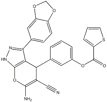 3-[6-amino-3-(1,3-benzodioxol-5-yl)-5-cyano-1,4-dihydropyrano[2,3-c]pyrazol-4-yl]phenyl 2-thiophenecarboxylate Struktur