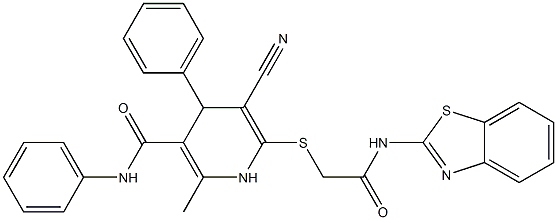 6-{[2-(1,3-benzothiazol-2-ylamino)-2-oxoethyl]sulfanyl}-5-cyano-2-methyl-N,4-diphenyl-1,4-dihydro-3-pyridinecarboxamide Struktur