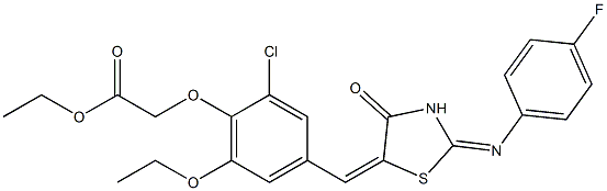 ethyl [2-chloro-6-ethoxy-4-({2-[(4-fluorophenyl)imino]-4-oxo-1,3-thiazolidin-5-ylidene}methyl)phenoxy]acetate Struktur