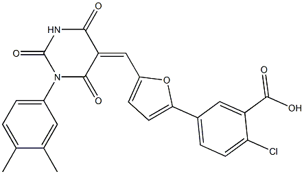 2-chloro-5-{5-[(1-(3,4-dimethylphenyl)-2,4,6-trioxotetrahydro-5(2H)-pyrimidinylidene)methyl]-2-furyl}benzoic acid Struktur