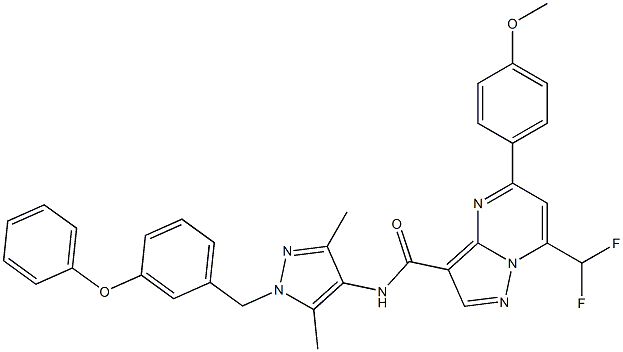 7-(difluoromethyl)-N-[3,5-dimethyl-1-(3-phenoxybenzyl)-1H-pyrazol-4-yl]-5-(4-methoxyphenyl)pyrazolo[1,5-a]pyrimidine-3-carboxamide Struktur