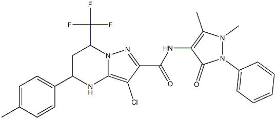 3-chloro-N-(1,5-dimethyl-3-oxo-2-phenyl-2,3-dihydro-1H-pyrazol-4-yl)-5-(4-methylphenyl)-7-(trifluoromethyl)-4,5,6,7-tetrahydropyrazolo[1,5-a]pyrimidine-2-carboxamide Struktur