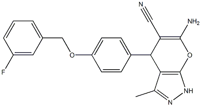 6-amino-4-{4-[(3-fluorobenzyl)oxy]phenyl}-3-methyl-1,4-dihydropyrano[2,3-c]pyrazole-5-carbonitrile Struktur