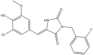 5-(3-chloro-4-hydroxy-5-methoxybenzylidene)-3-(2-fluorobenzyl)-2,4-imidazolidinedione Struktur