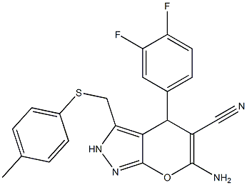 6-amino-4-(3,4-difluorophenyl)-3-{[(4-methylphenyl)sulfanyl]methyl}-2,4-dihydropyrano[2,3-c]pyrazole-5-carbonitrile Struktur