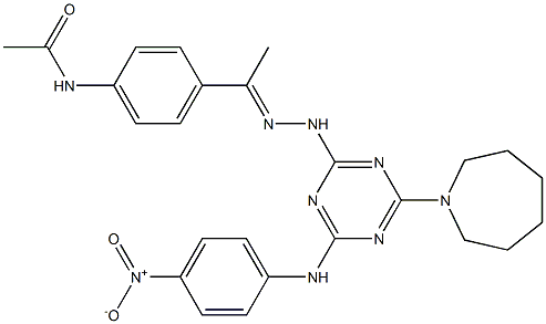 N-{4-[N-(4-(1-azepanyl)-6-{4-nitroanilino}-1,3,5-triazin-2-yl)ethanehydrazonoyl]phenyl}acetamide Struktur