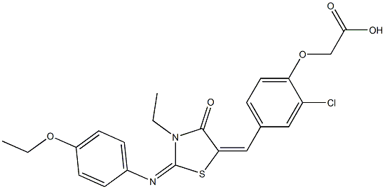 [2-chloro-4-({2-[(4-ethoxyphenyl)imino]-3-ethyl-4-oxo-1,3-thiazolidin-5-ylidene}methyl)phenoxy]acetic acid Struktur