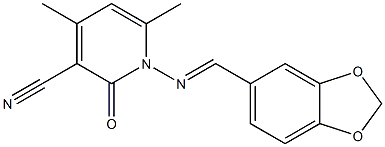 1-{[(E)-1,3-benzodioxol-5-ylmethylidene]amino}-4,6-dimethyl-2-oxo-1,2-dihydro-3-pyridinecarbonitrile Struktur