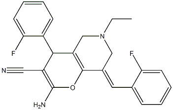 2-amino-6-ethyl-4-(2-fluorophenyl)-8-[(E)-(2-fluorophenyl)methylidene]-5,6,7,8-tetrahydro-4H-pyrano[3,2-c]pyridine-3-carbonitrile Struktur