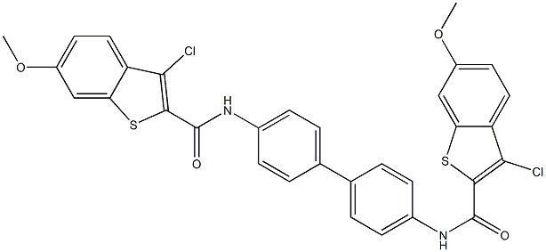 3-chloro-N-(4'-{[(3-chloro-6-methoxy-1-benzothiophen-2-yl)carbonyl]amino}[1,1'-biphenyl]-4-yl)-6-methoxy-1-benzothiophene-2-carboxamide Struktur