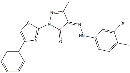 3-methyl-1-(4-phenyl-1,3-thiazol-2-yl)-1H-pyrazole-4,5-dione 4-[N-(3-bromo-4-methylphenyl)hydrazone] Struktur