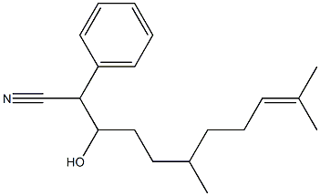 3-Hydroxy-2-phenyl-3-(3,7-dimethyl-6-octen-1-yl)propanenitrile Struktur