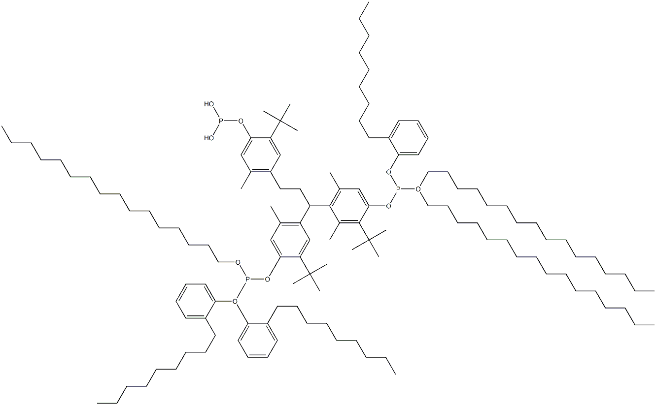 [3-Methyl-1,1,3-propanetriyltris(2-tert-butyl-5-methyl-4,1-phenyleneoxy)]tris(phosphonous acid)O,O',O'-trihexadecyl O,O'',O''-tris(2-nonylphenyl) ester Struktur