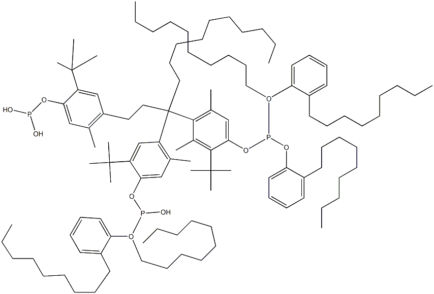 [3-Methyl-1,1,3-propanetriyltris(2-tert-butyl-5-methyl-4,1-phenyleneoxy)]tris(phosphonous acid)O,O',O''-tri(decyl)O,O',O''-tris(2-nonylphenyl) ester Struktur