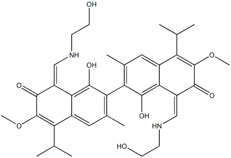 1,1'-Dihydroxy-3,3'-dimethyl-5,5'-diisopropyl-6,6'-dimethoxy-8,8'-bis[[(2-hydroxyethyl)amino]methylene][2,2'-binaphthalene]-7,7'(8H,8'H)-dione Struktur