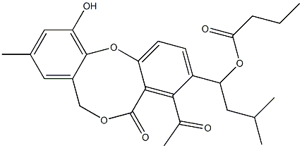 Butyric acid 1-(4-acetyl-11-hydroxy-9-methyl-5-oxo-5H,7H-dibenzo[b,g][1,5]dioxocin-3-yl)-3-methylbutyl ester Struktur