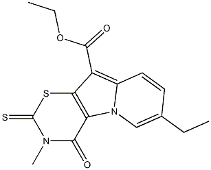 3,4-Dihydro-4-oxo-2-thioxo-3-methyl-7-ethyl-2H-1,3-thiazino[6,5-b]indolizine-10-carboxylic acid ethyl ester Struktur