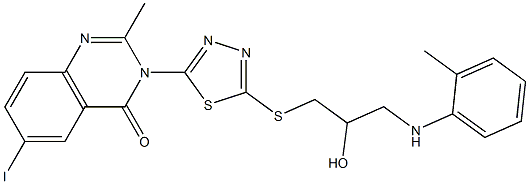 6-Iodo-2-methyl-3-[5-[[3-(2-methylanilino)-2-hydroxypropyl]thio]-1,3,4-thiadiazol-2-yl]quinazolin-4(3H)-one Struktur