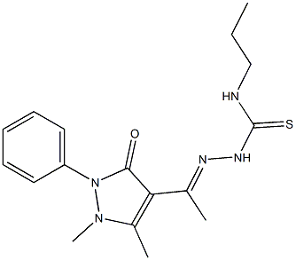 1,5-Dimethyl-2-phenyl-4-[1-[2-[[propylamino]thiocarbonyl]hydrazono]ethyl]-1H-pyrazole-3(2H)-one Struktur