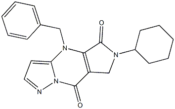 6-Cyclohexyl-6,7-dihydro-4-benzyl-4H-1,4,6,8a-tetraaza-s-indacene-5,8-dione Struktur