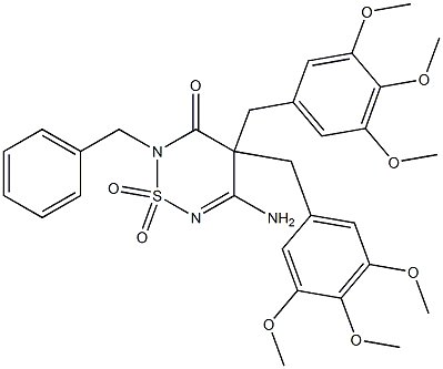 5-Amino-2-benzyl-4,4-bis(3,4,5-trimethoxybenzyl)-2H-1,2,6-thiadiazin-3(4H)-one 1,1-dioxide Struktur